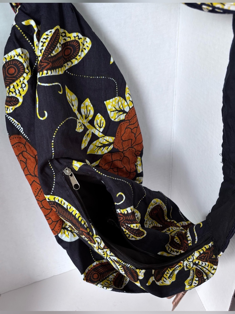 Handmade Large African Fabric Printed Navy Blue Floral Side Tote Sling Bag NWT